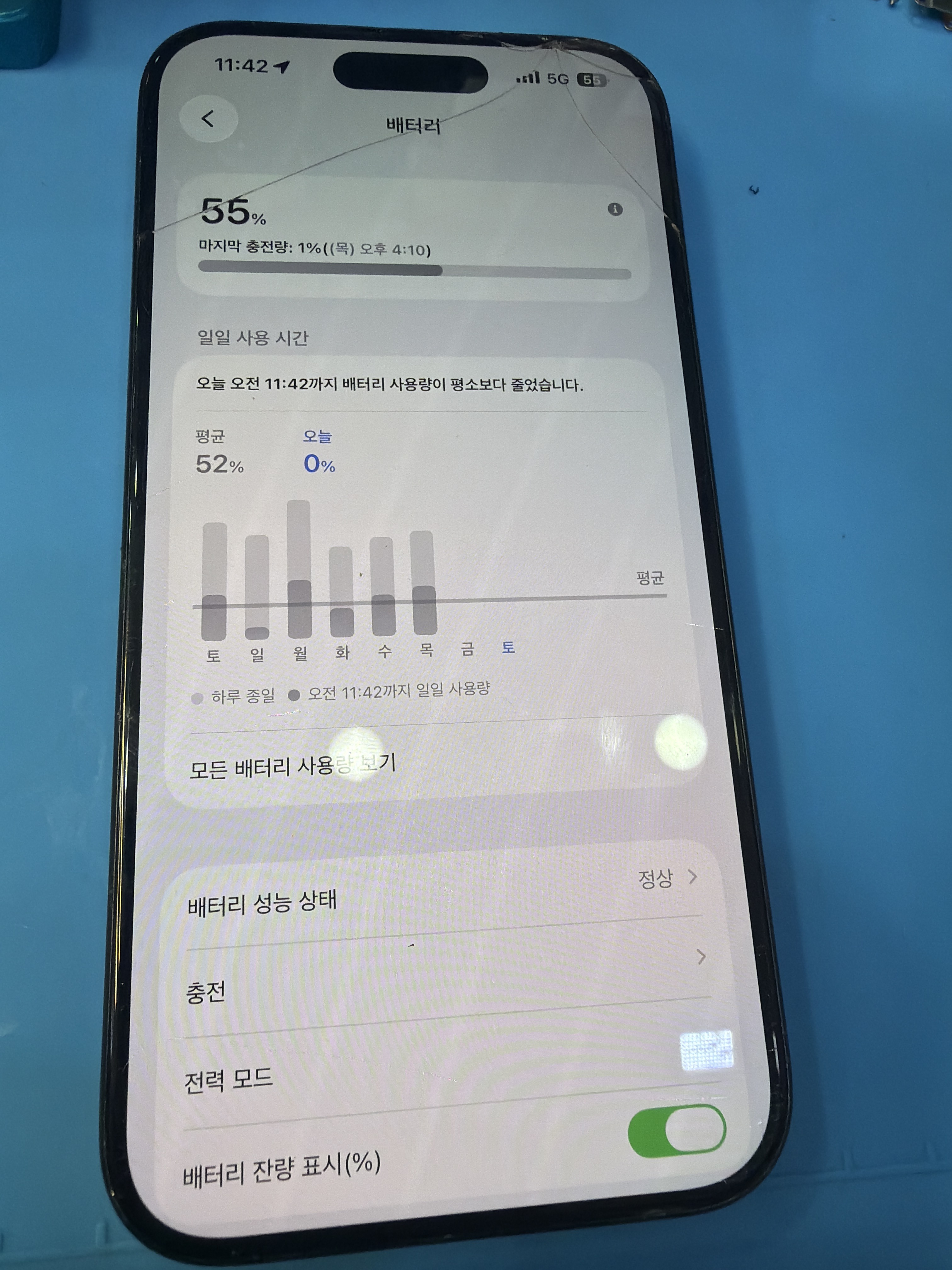 아이폰 15 Pro 기존 배터리 성능치 진단 화면