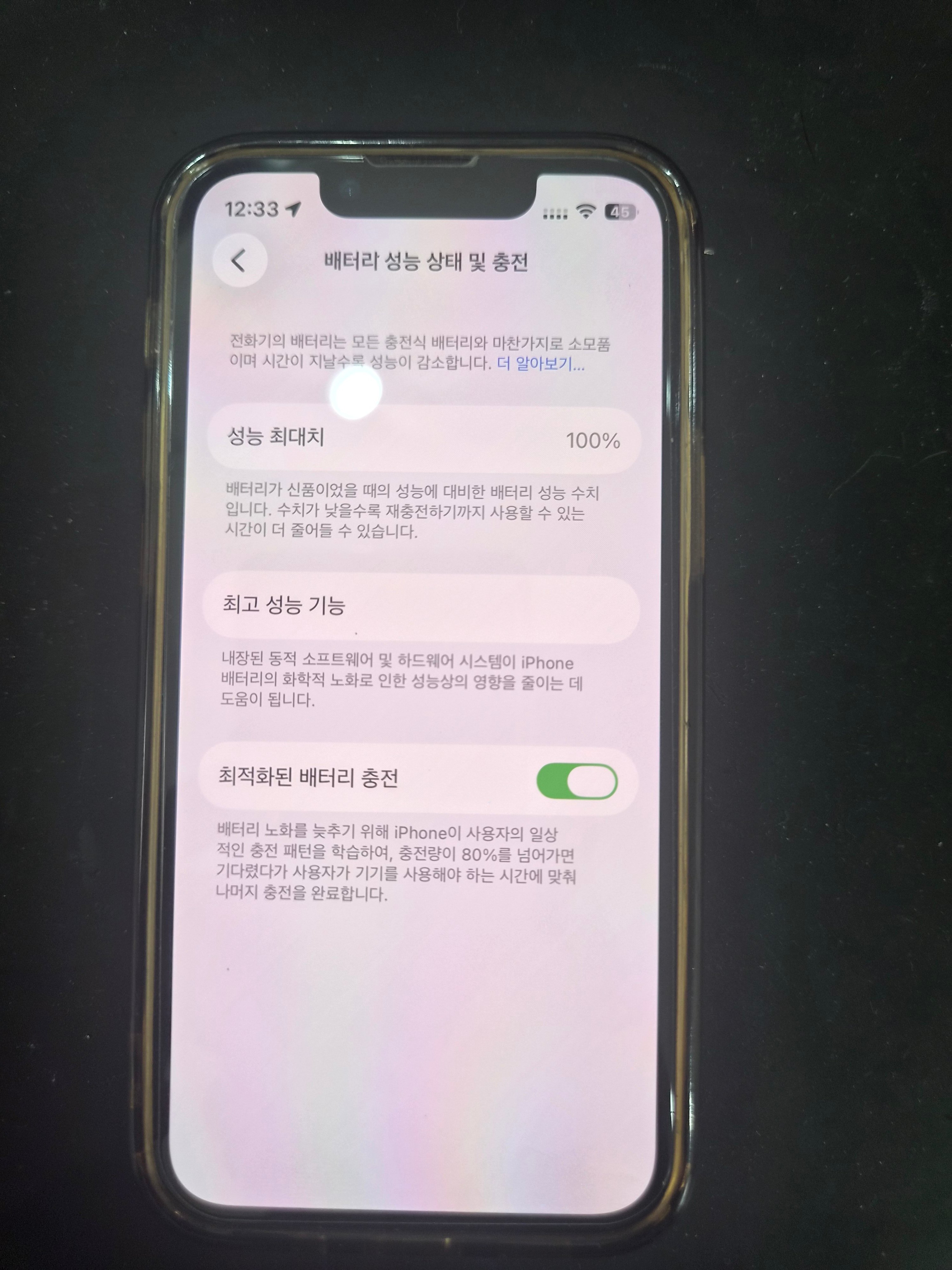 아이폰 iPhone 13 mini 교체 후 배터리 성능치 100% 회복 화면