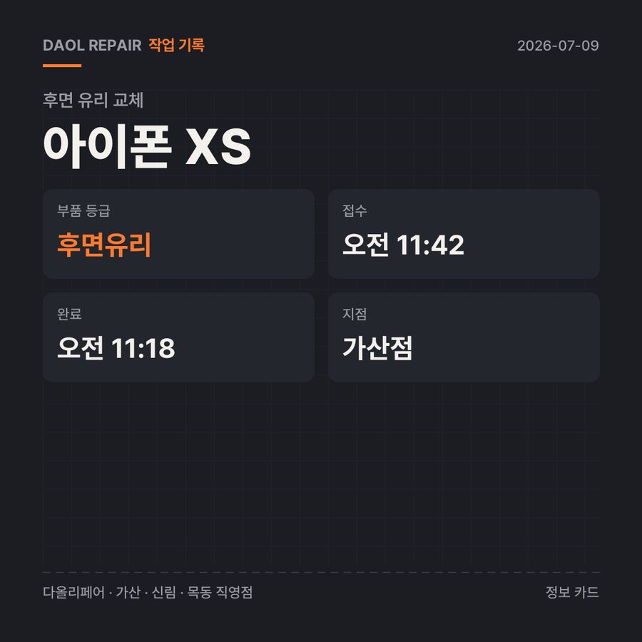 아이폰 XS 후면 유리 교체 기록 카드 — 부품 등급·소요 시간·지점