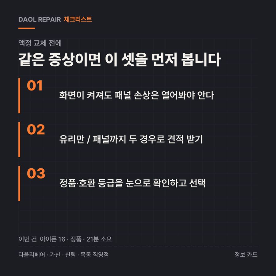 액정 교체 전 확인할 3가지 — 정보 카드