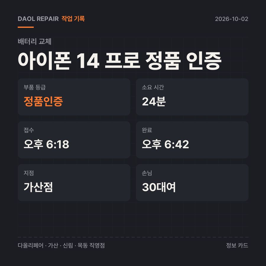 아이폰 14 프로 정품 인증 배터리 교체 기록 카드 — 부품 등급·소요 시간·지점
