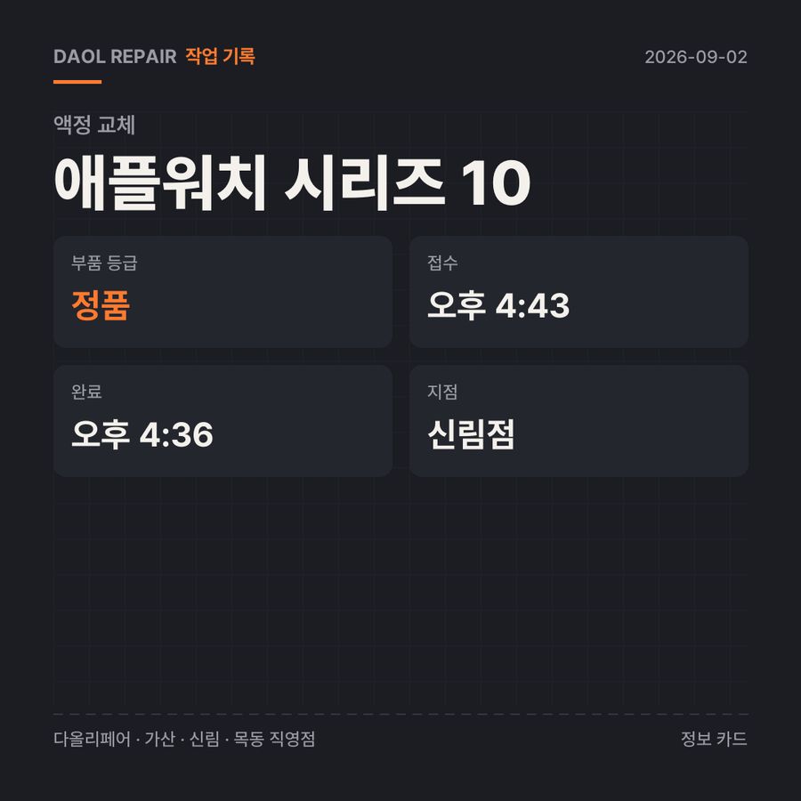 애플워치 시리즈 10 액정 교체 기록 카드 — 부품 등급·소요 시간·지점