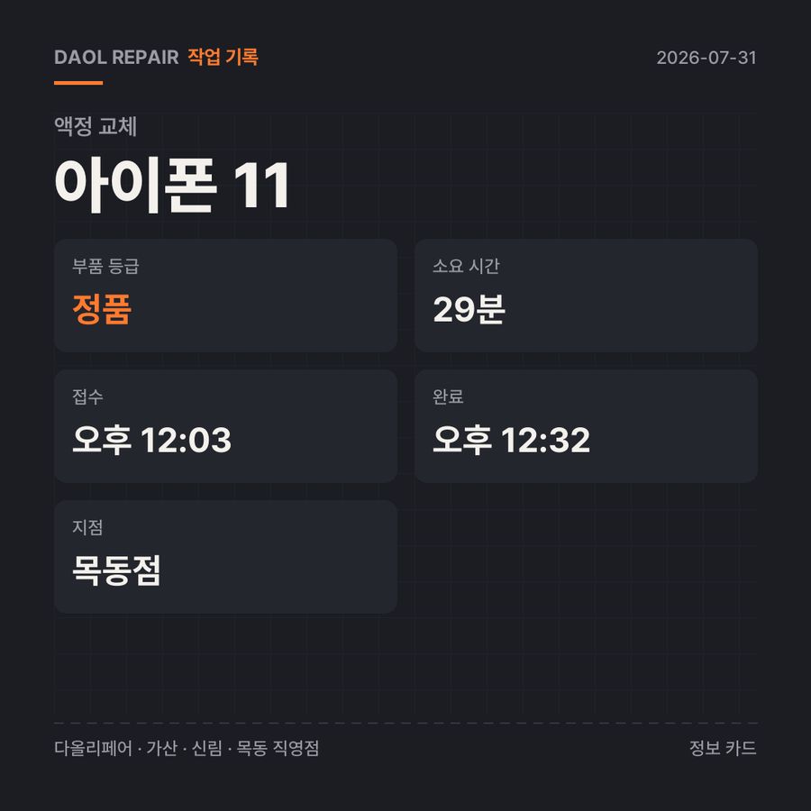 아이폰 11 액정 교체 기록 카드 — 부품 등급·소요 시간·지점