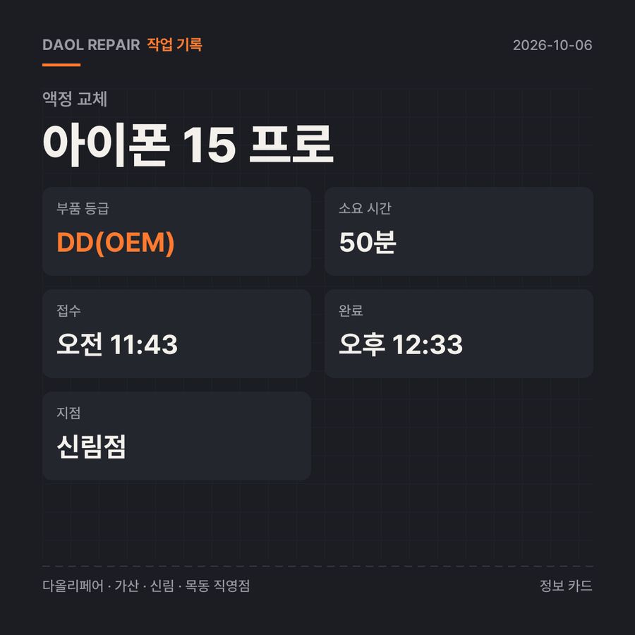 아이폰 15 프로 액정 교체 기록 카드 — 부품 등급·소요 시간·지점