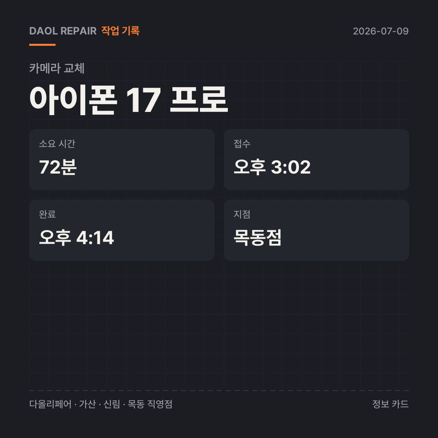 아이폰 17 프로 카메라 교체 기록 카드 — 부품 등급·소요 시간·지점