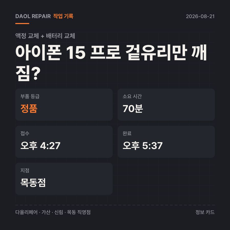 아이폰 15 프로 겉유리만 깨짐? 액정 교체 + 배터리 교체 기록 카드 — 부품 등급·소요 시간·지점
