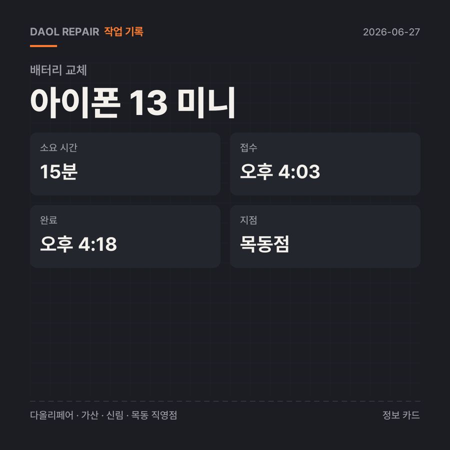 아이폰 13 미니 배터리 교체 기록 카드 — 부품 등급·소요 시간·지점
