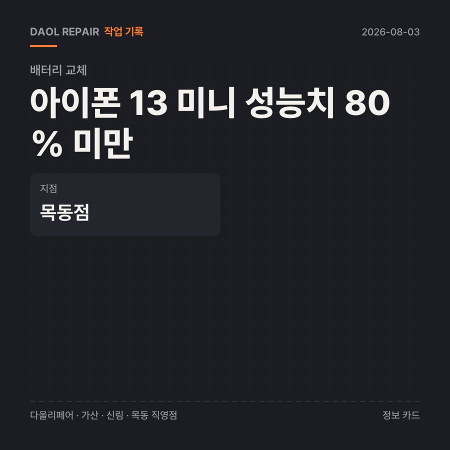 아이폰 13 미니 성능치 80% 미만 배터리 교체 기록 카드 — 부품 등급·소요 시간·지점