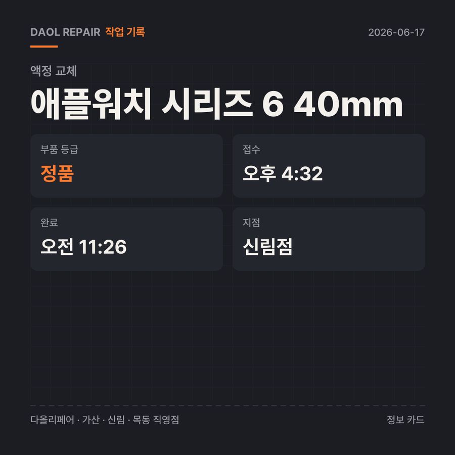 애플워치 시리즈 6 40mm 액정 교체 기록 카드 — 부품 등급·소요 시간·지점