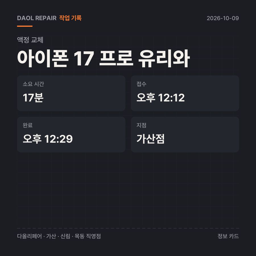 아이폰 17 프로 유리와 액정 교체 기록 카드 — 부품 등급·소요 시간·지점