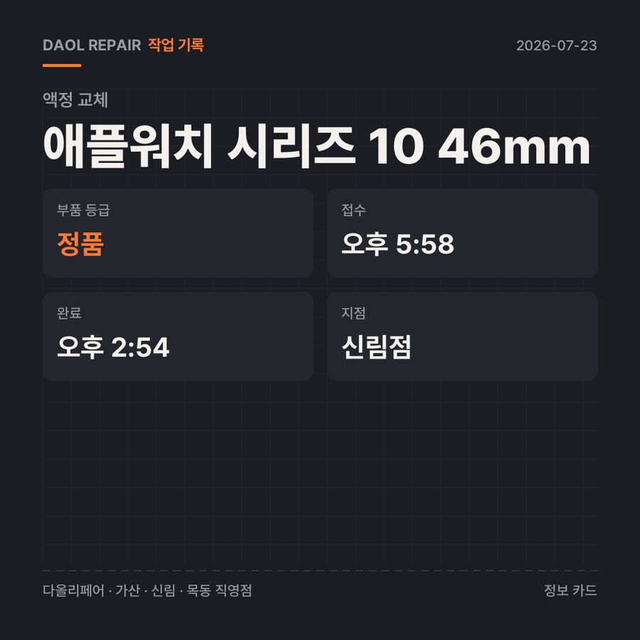 애플워치 시리즈 10 46mm 액정 교체 기록 카드 — 부품 등급·소요 시간·지점