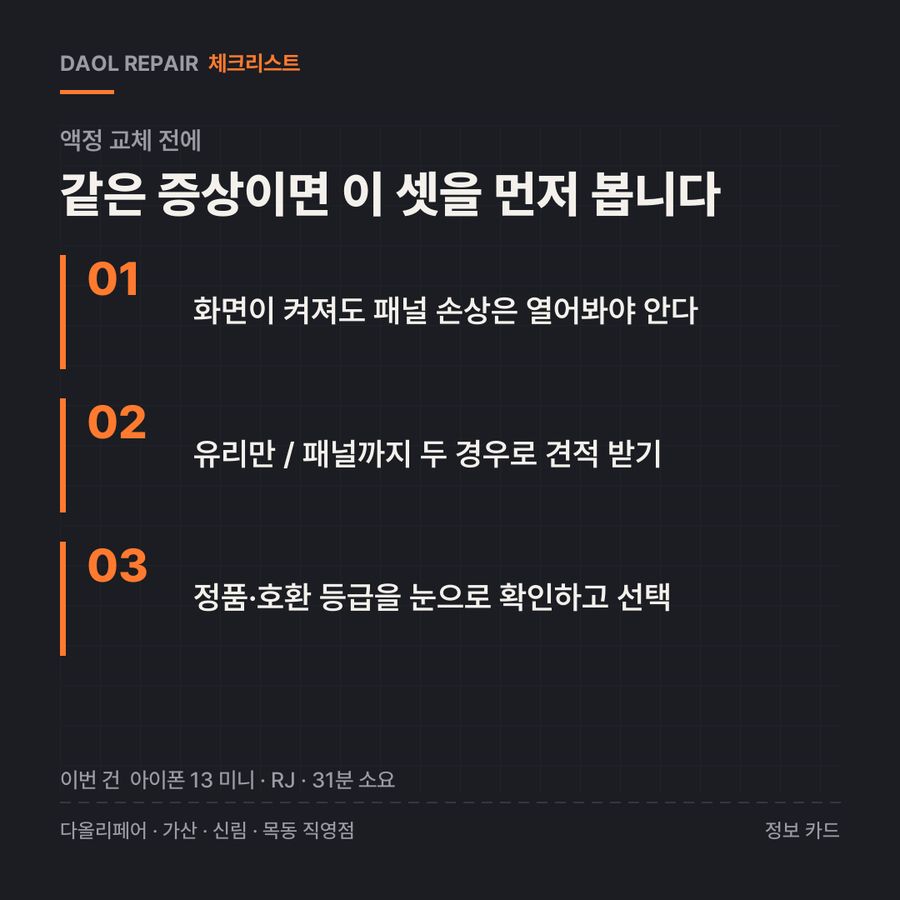액정 교체 전 확인할 3가지 — 정보 카드