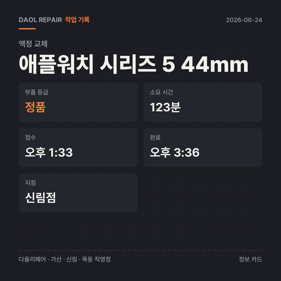 애플워치 시리즈 5 44mm 액정 교체 기록 카드 — 부품 등급·소요 시간·지점