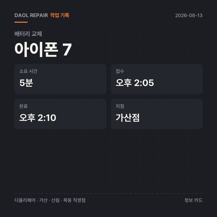 아이폰 7 배터리 교체 기록 카드 — 부품 등급·소요 시간·지점