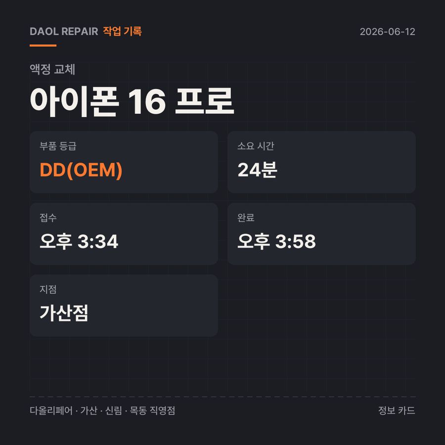 아이폰 16 프로 액정 교체 기록 카드 — 부품 등급·소요 시간·지점
