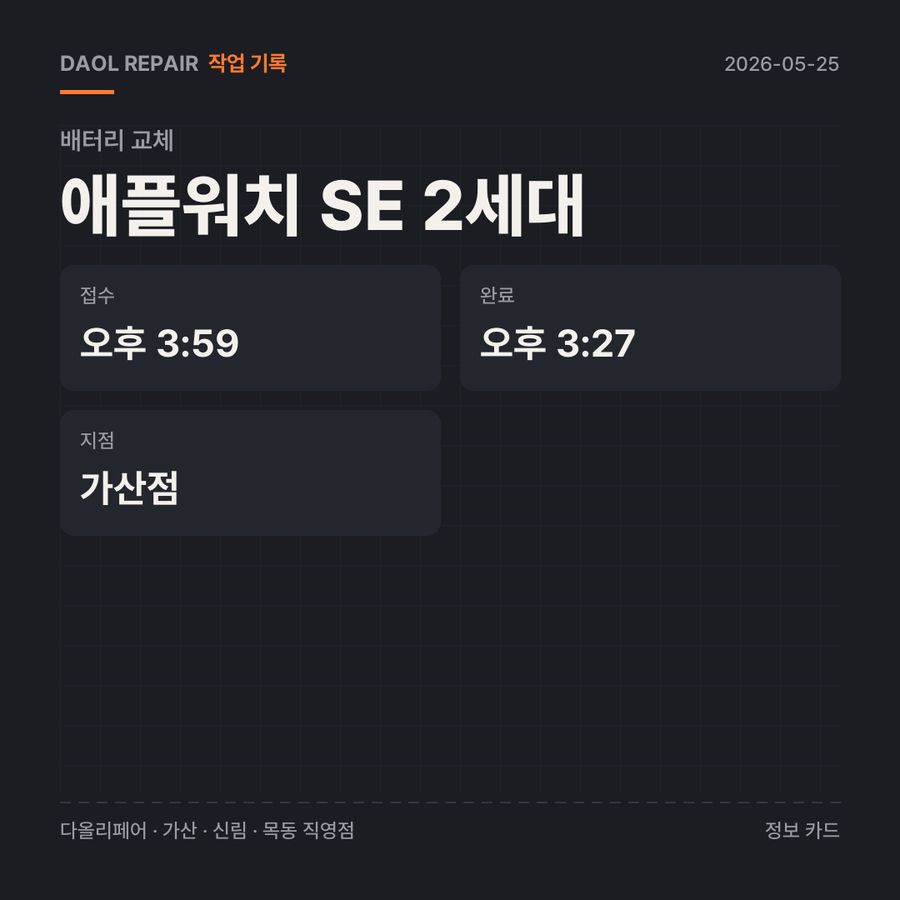 애플워치 SE 2세대 배터리 교체 기록 카드 — 부품 등급·소요 시간·지점