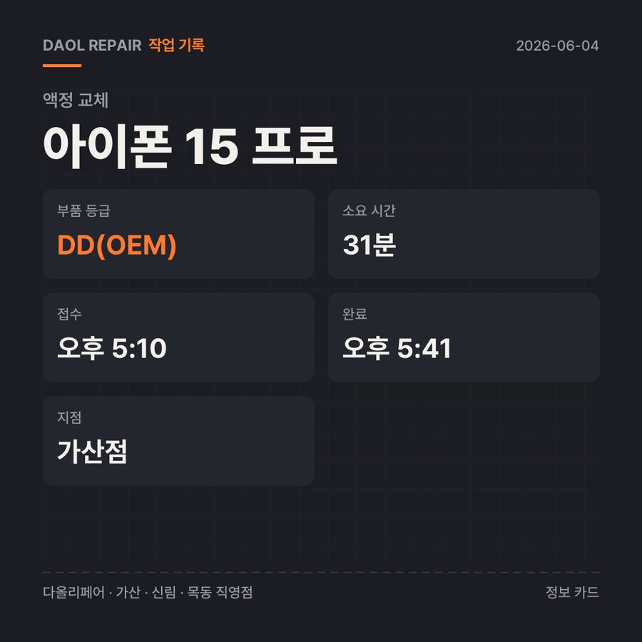 아이폰 15 프로 액정 교체 기록 카드 — 부품 등급·소요 시간·지점