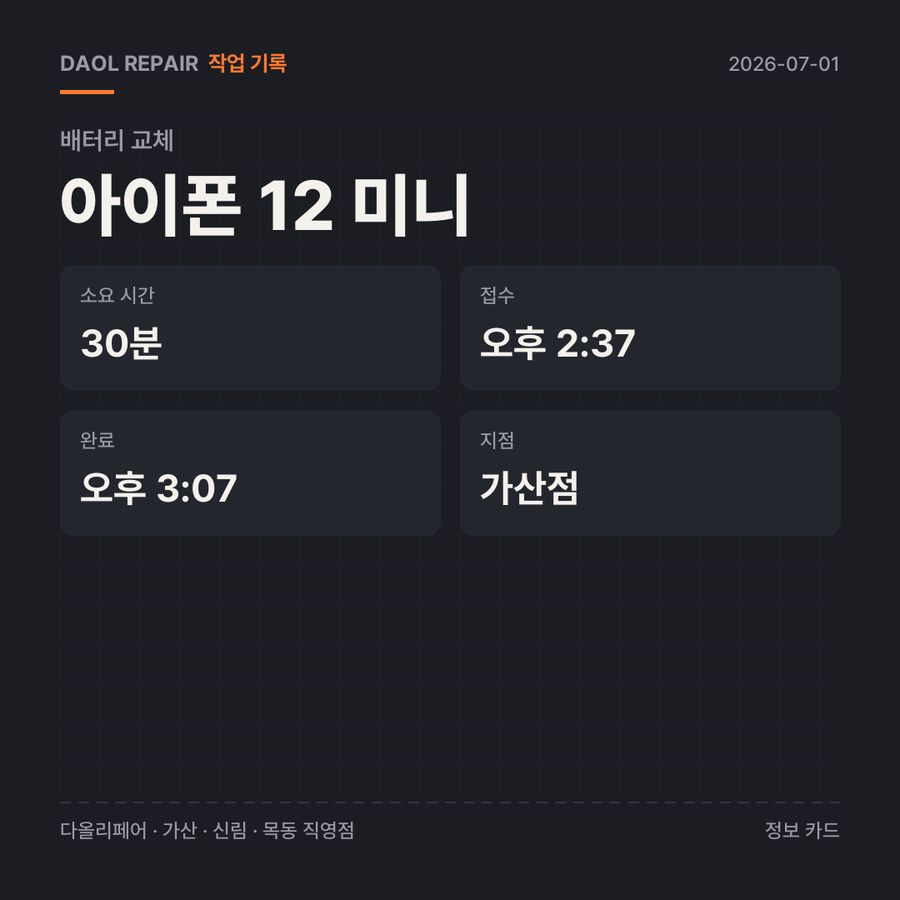 아이폰 12 미니 배터리 교체 기록 카드 — 부품 등급·소요 시간·지점