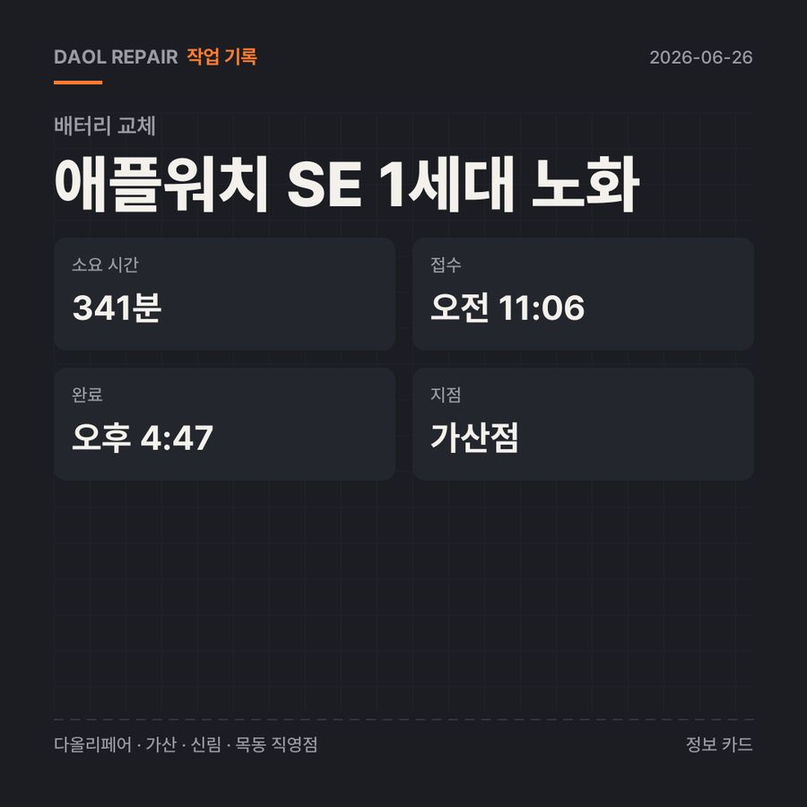 애플워치 SE 1세대 노화 배터리 교체 기록 카드 — 부품 등급·소요 시간·지점