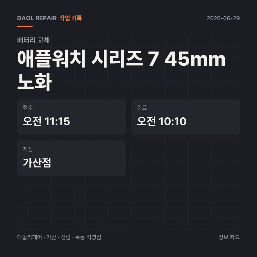 애플워치 시리즈 7 45mm 노화 배터리 교체 기록 카드 — 부품 등급·소요 시간·지점