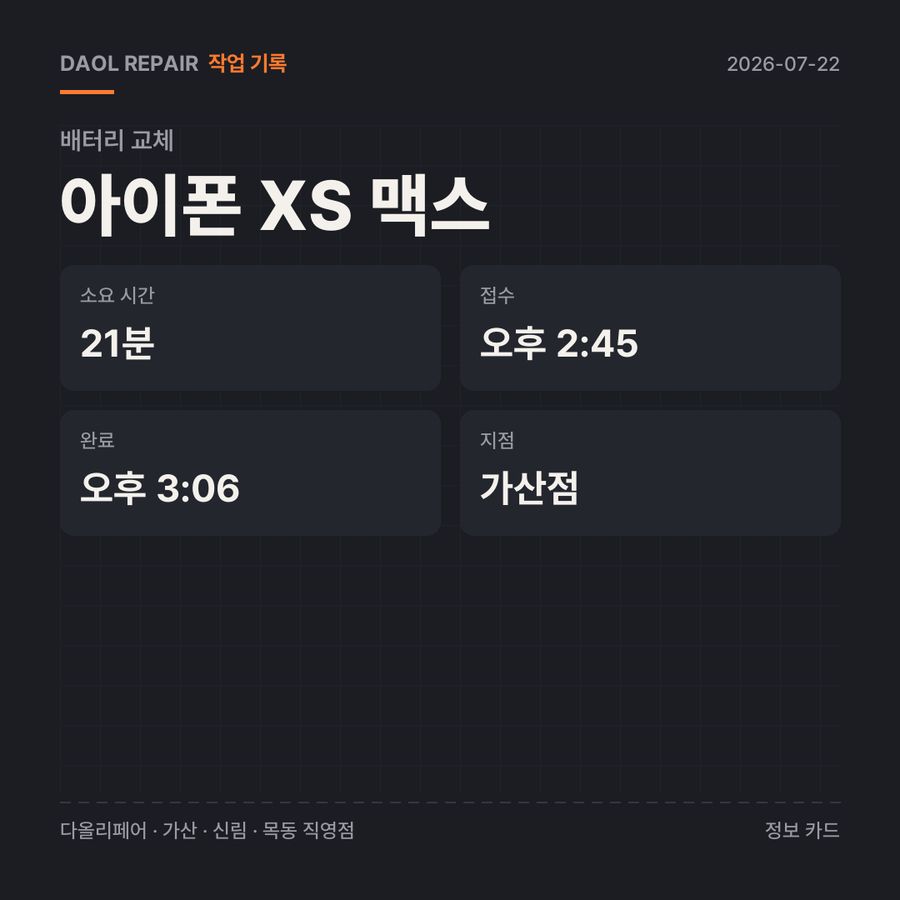 아이폰 XS 맥스 배터리 교체 기록 카드 — 부품 등급·소요 시간·지점