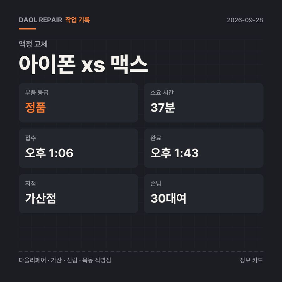 아이폰 xs 맥스 액정 교체 기록 카드 — 부품 등급·소요 시간·지점