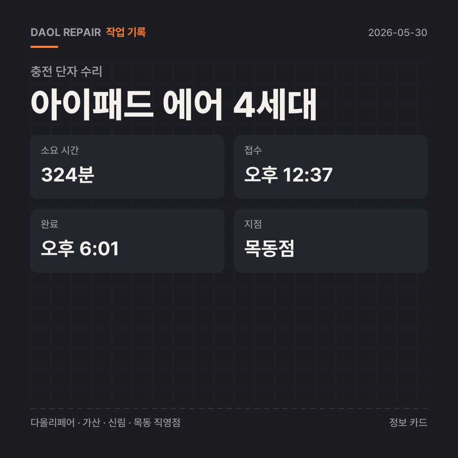 아이패드 에어 4세대 충전 단자 수리 기록 카드 — 부품 등급·소요 시간·지점