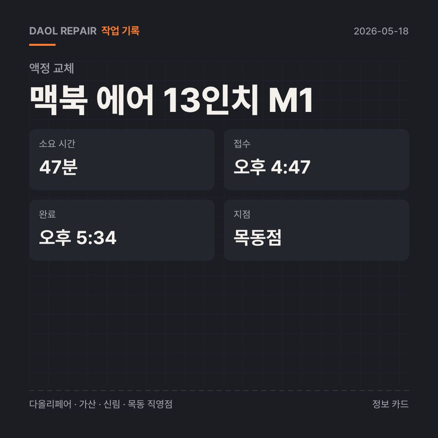 맥북 에어 13인치 M1 액정 교체 기록 카드 — 부품 등급·소요 시간·지점