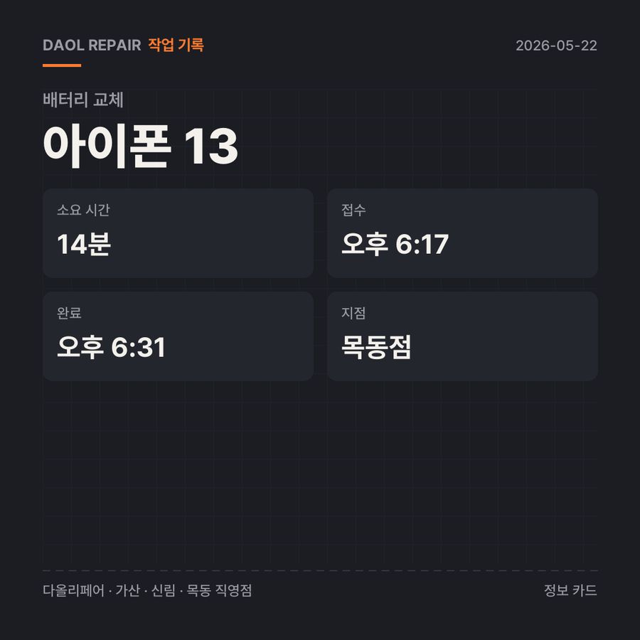 아이폰 13 배터리 교체 기록 카드 — 부품 등급·소요 시간·지점