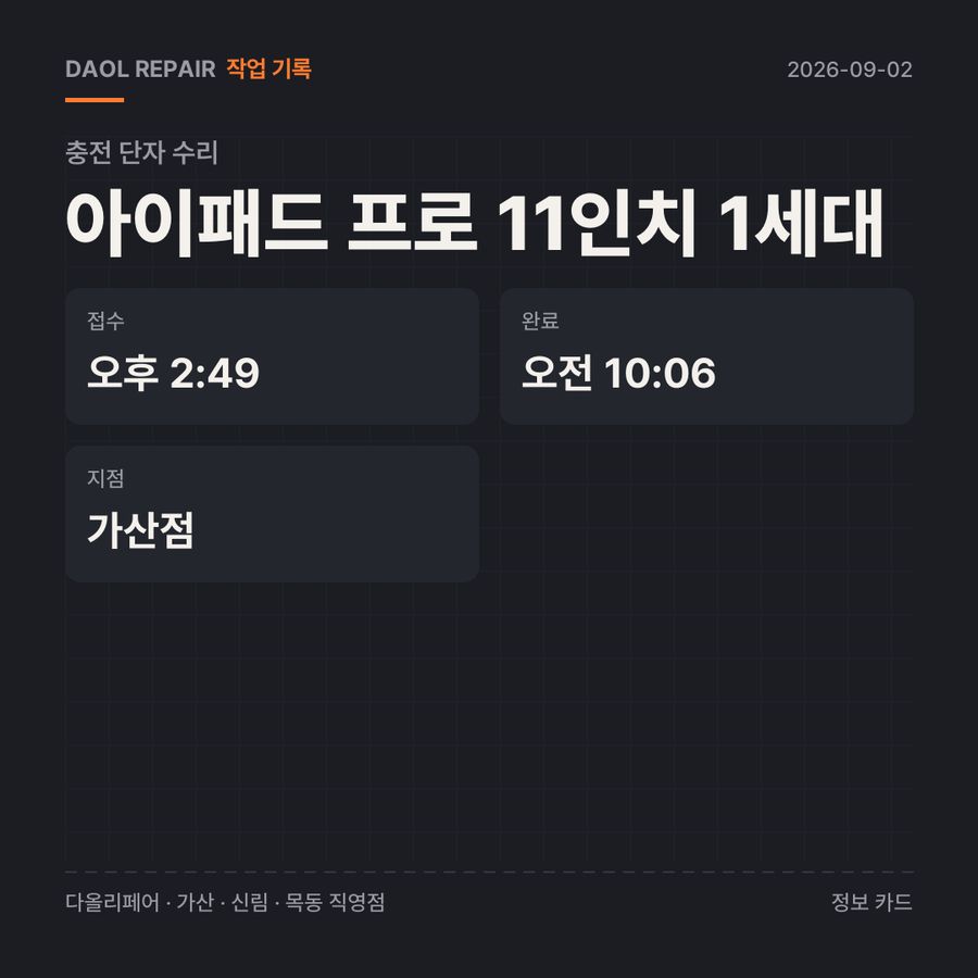 아이패드 프로 11인치 1세대 충전 단자 수리 기록 카드 — 부품 등급·소요 시간·지점