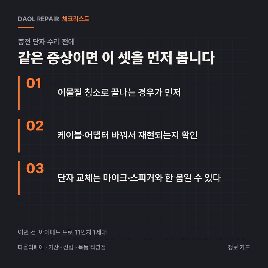 충전 단자 수리 전 확인할 3가지 — 정보 카드