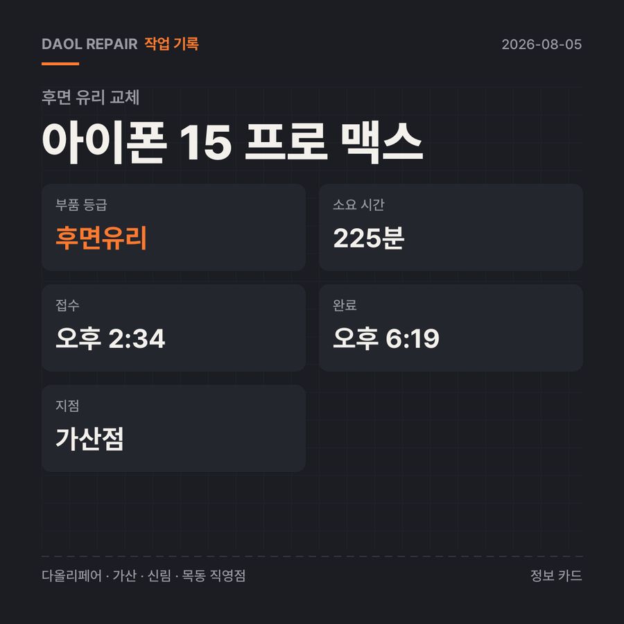 아이폰 15 프로 맥스 후면 유리 교체 기록 카드 — 부품 등급·소요 시간·지점