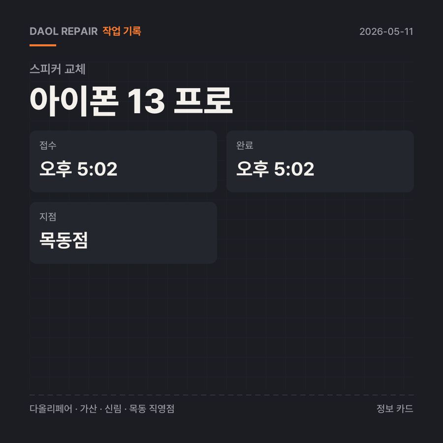 아이폰 13 프로 스피커 교체 기록 카드 — 부품 등급·소요 시간·지점