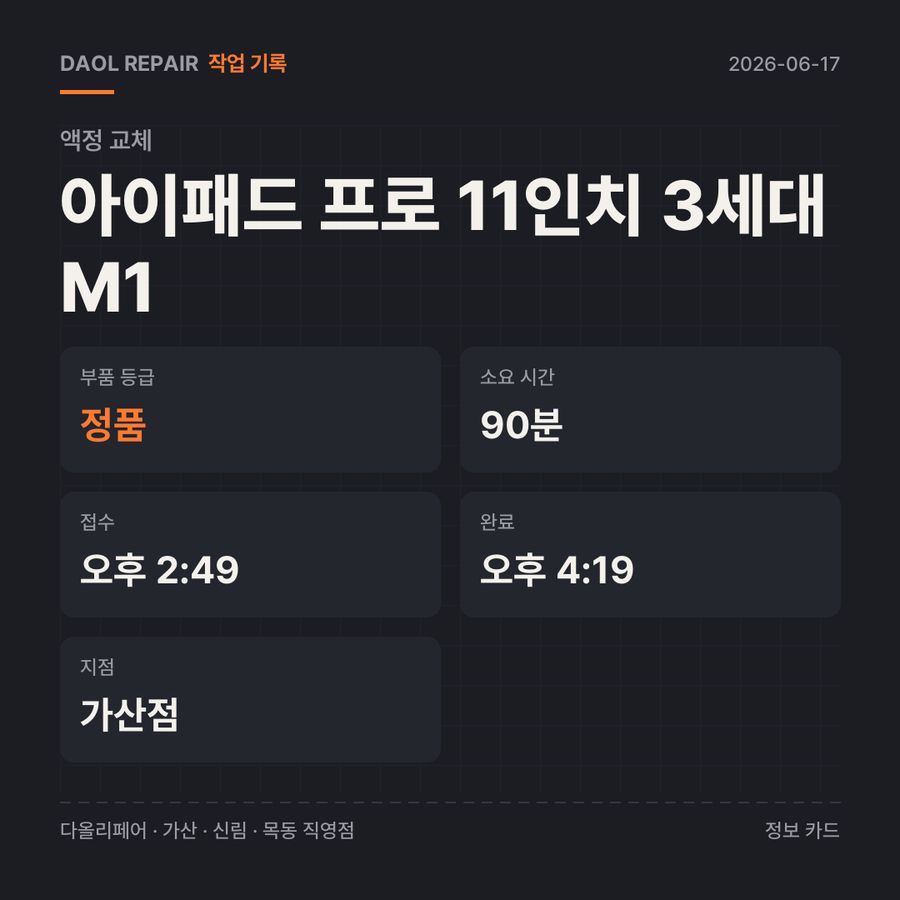 아이패드 프로 11인치 3세대M1 액정 교체 기록 카드 — 소요 시간·지점