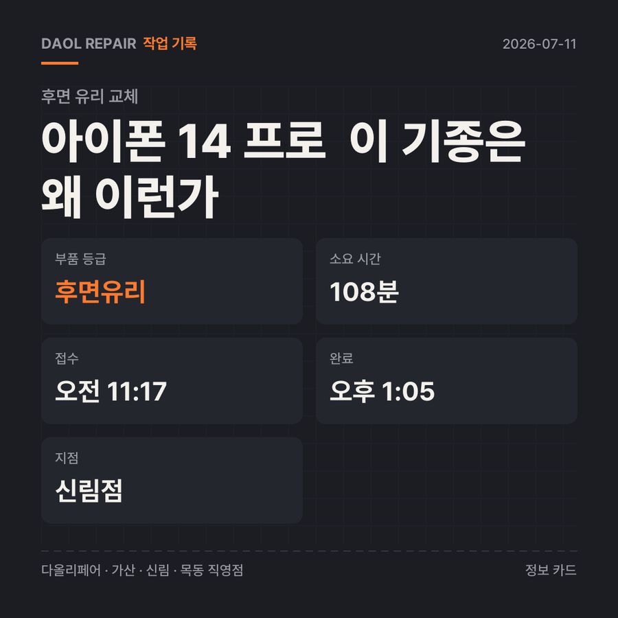 아이폰 14 프로  이 기종은 왜 이런가 후면 유리 교체 기록 카드 — 부품 등급·소요 시간·지점