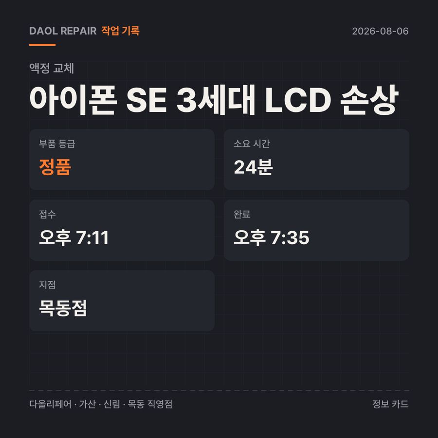 아이폰 SE 3세대 LCD 손상 액정 교체 기록 카드 — 부품 등급·소요 시간·지점