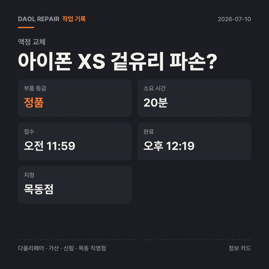 아이폰 XS 겉유리 파손? 액정 교체 기록 카드 — 부품 등급·소요 시간·지점
