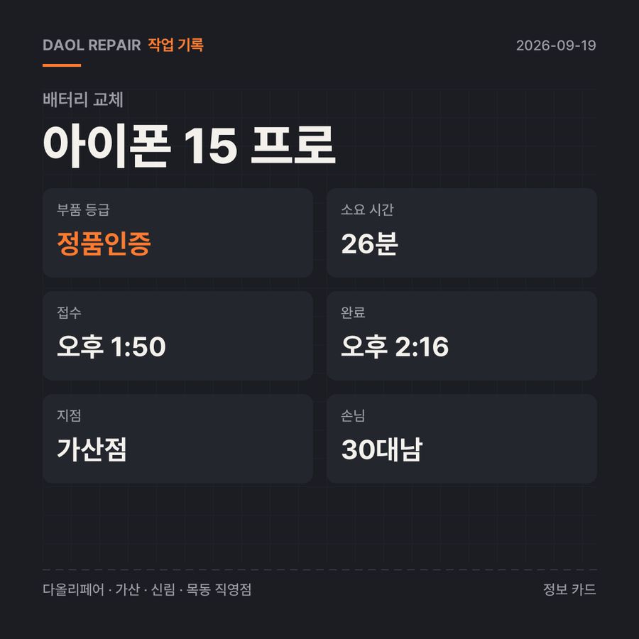 아이폰 15 프로 배터리 교체 기록 카드 — 부품 등급·소요 시간·지점