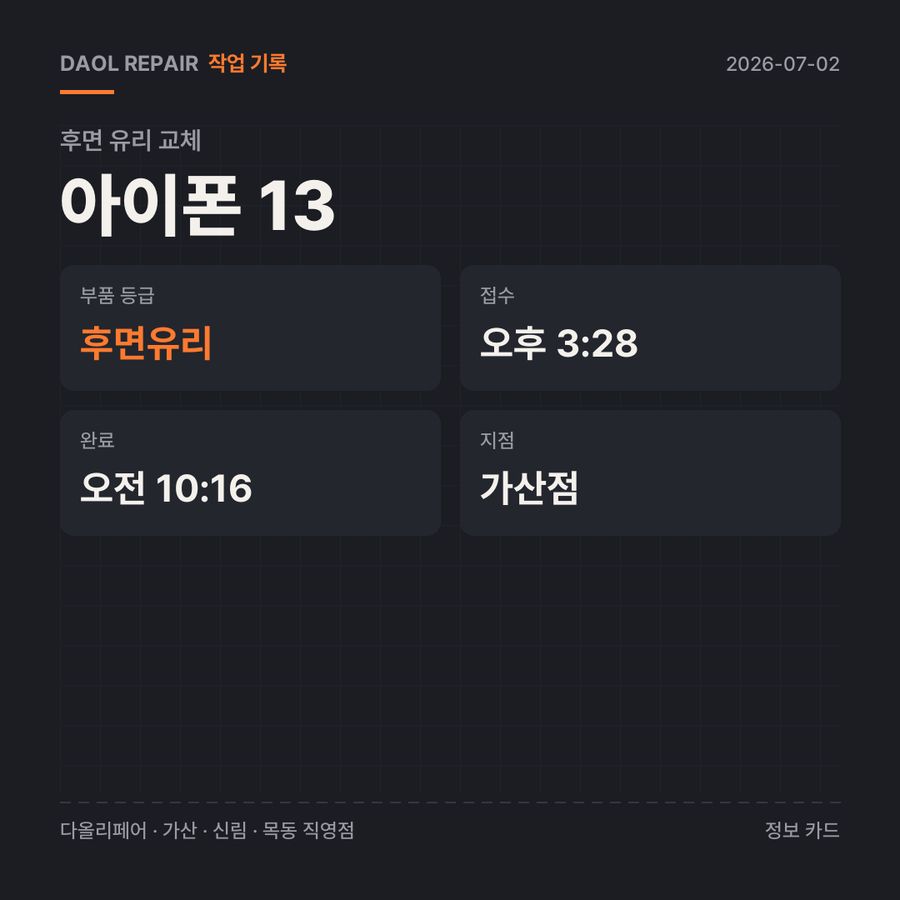 아이폰 13 후면 유리 교체 기록 카드 — 부품 등급·소요 시간·지점