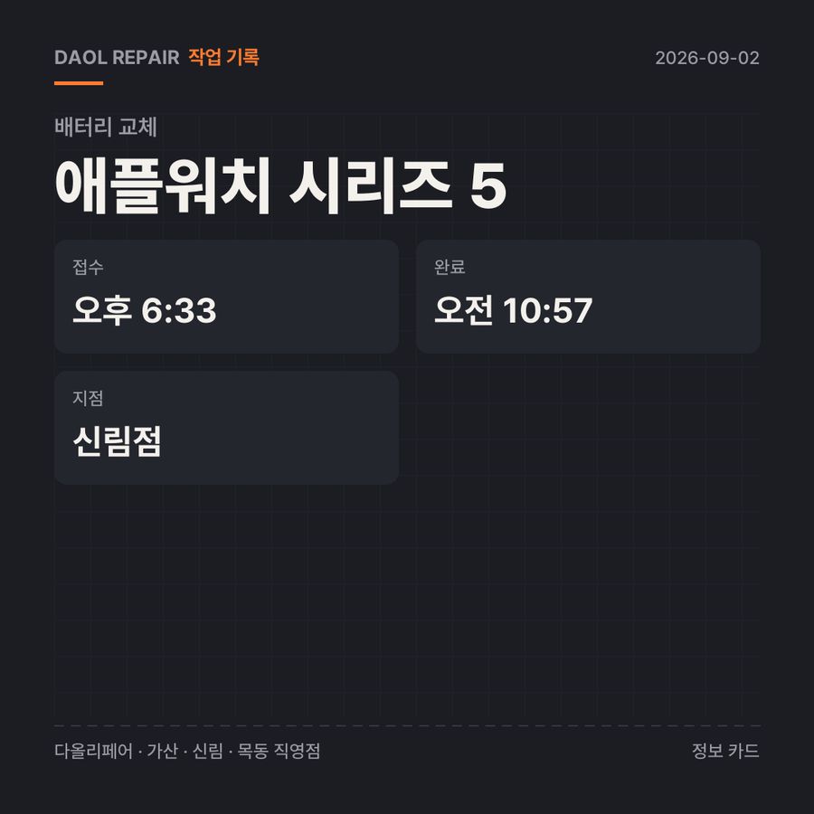 애플워치 시리즈 5 배터리 교체 기록 카드 — 부품 등급·소요 시간·지점