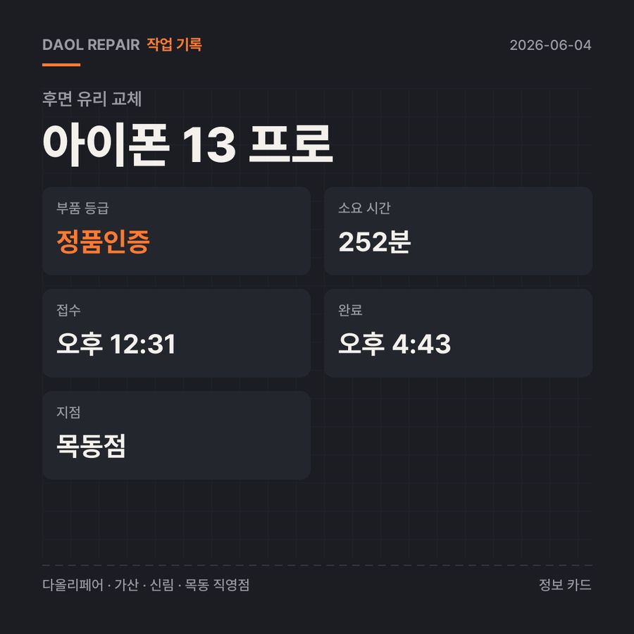 아이폰 13 프로 후면 유리 교체 기록 카드 — 부품 등급·소요 시간·지점