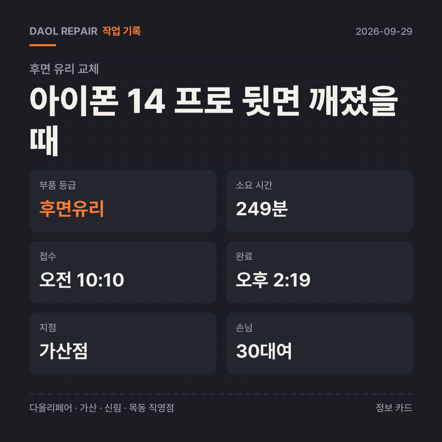 아이폰 14 프로 뒷면 깨졌을 때 후면 유리 교체 기록 카드 — 부품 등급·소요 시간·지점