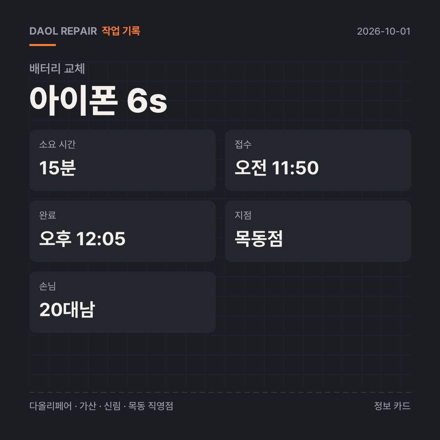 아이폰 6s 배터리 교체 기록 카드 — 부품 등급·소요 시간·지점