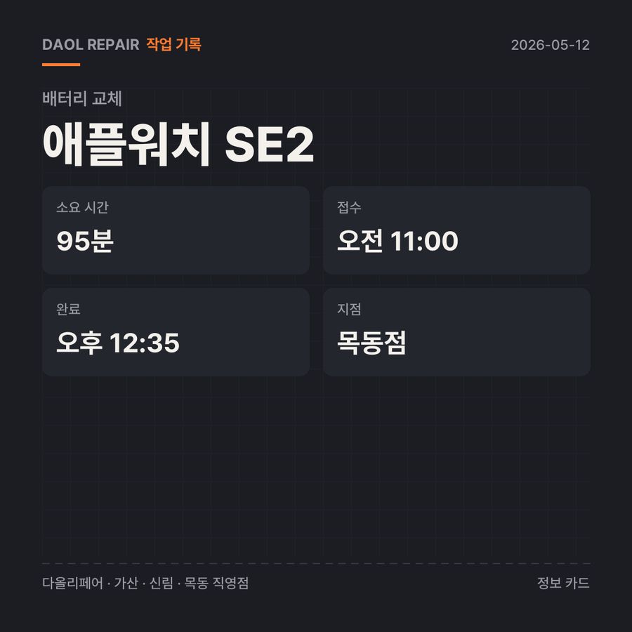 애플워치 SE2 배터리 교체 기록 카드 — 부품 등급·소요 시간·지점