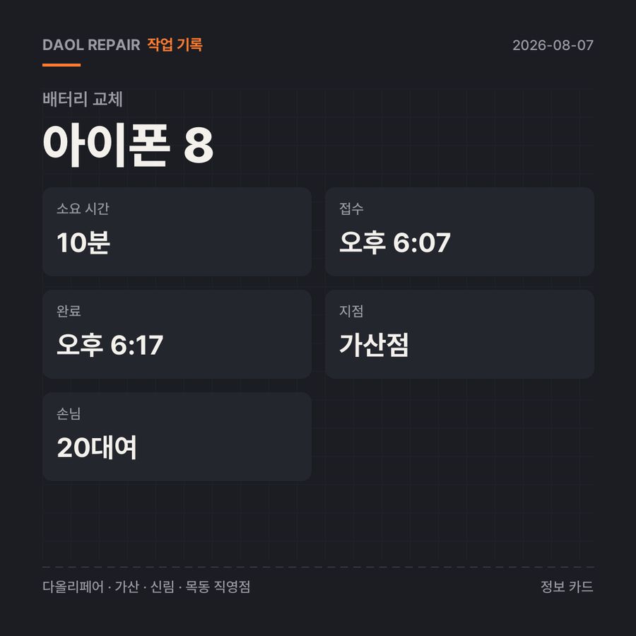 아이폰 8 배터리 교체 기록 카드 — 부품 등급·소요 시간·지점