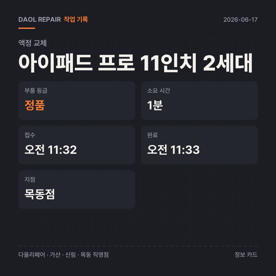 아이패드 프로 11인치 2세대 액정 교체 기록 카드 — 부품 등급·소요 시간·지점