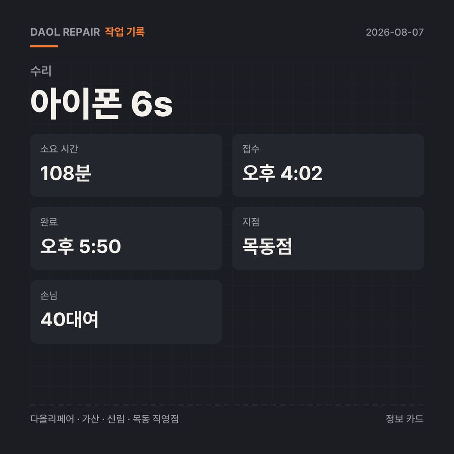 아이폰 6s 수리 기록 카드 — 부품 등급·소요 시간·지점