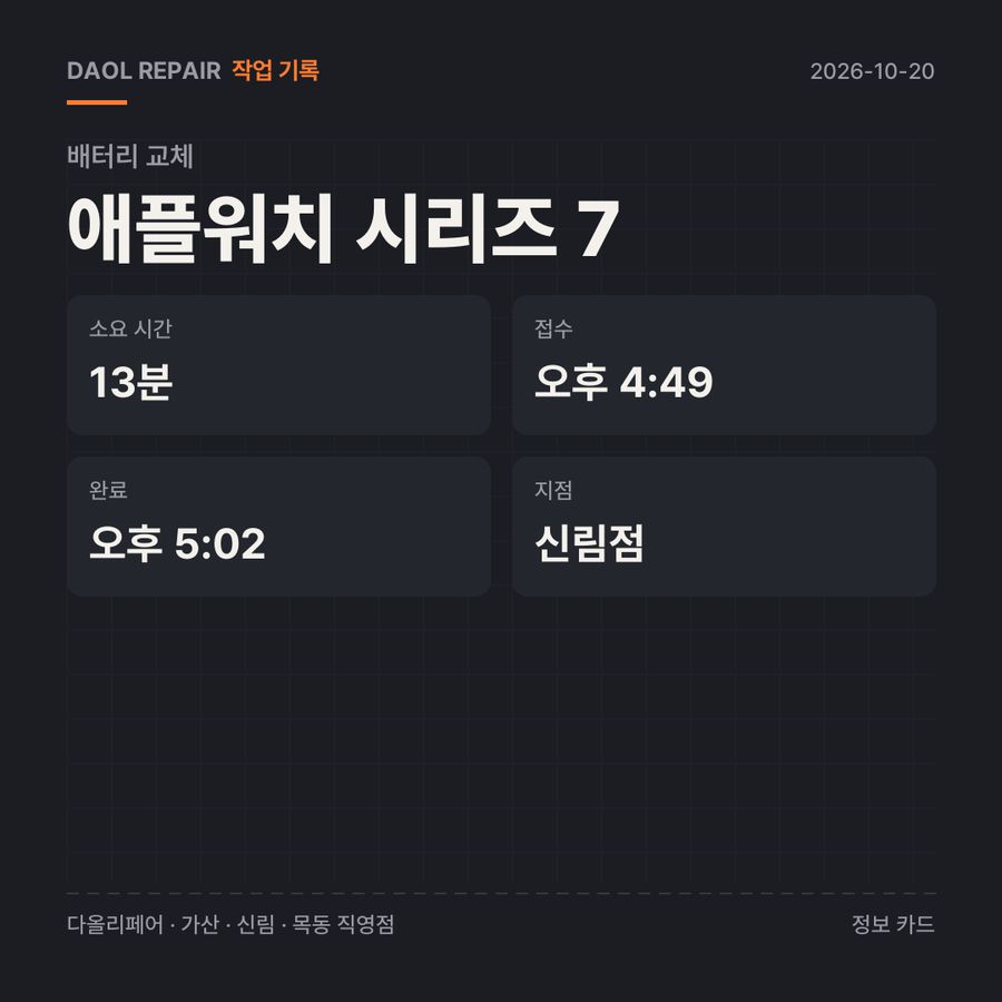 애플워치 시리즈 7 배터리 교체 기록 카드 — 부품 등급·소요 시간·지점