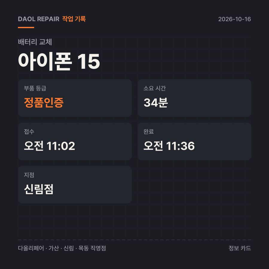 아이폰 15 배터리 교체 기록 카드 — 부품 등급·소요 시간·지점