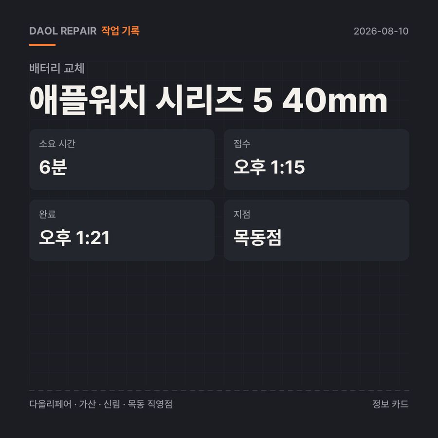 애플워치 시리즈 5 40mm 배터리 교체 기록 카드 — 부품 등급·소요 시간·지점